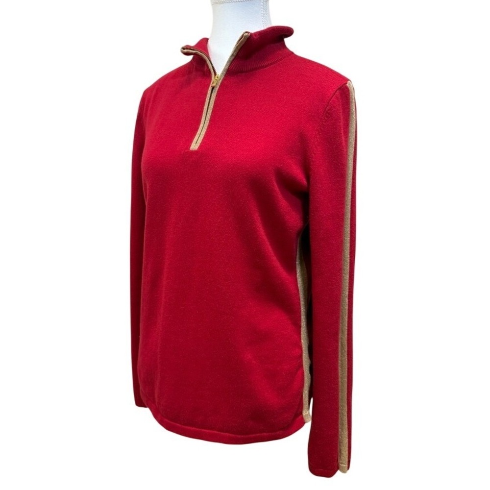 Jones NY‎ Quarter Zip Sweater Women Medium Red Gold Metallic Stripe Mock Neck
